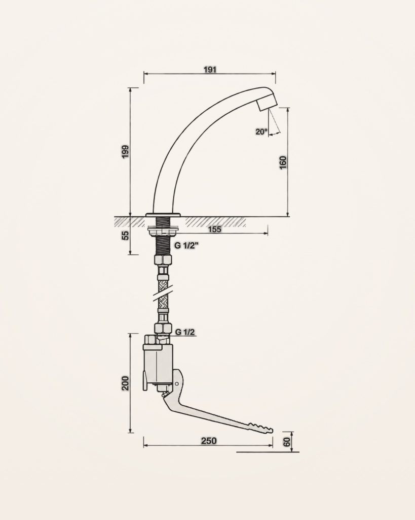 Arafura · Torneira de pedal — desenho técnico