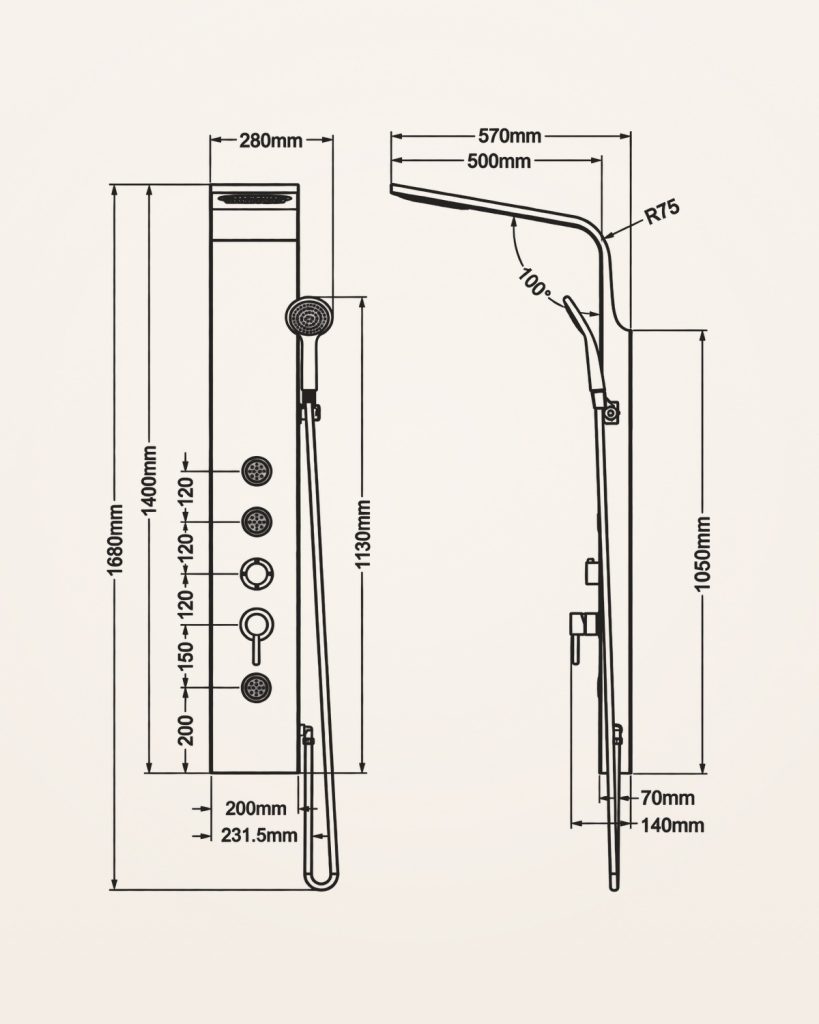 Colunas de duche — desenho técnico