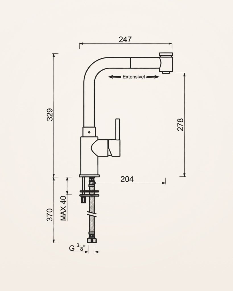 Java · Cozinha com bica extensível — desenho técnico