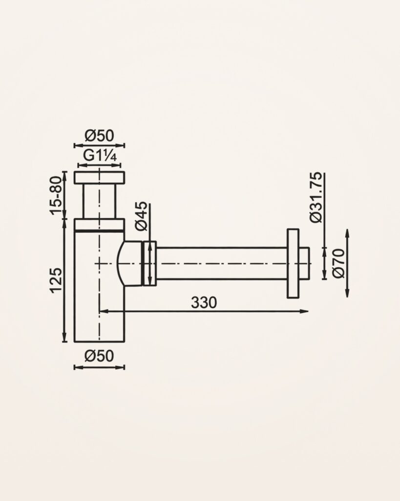 Sifão garrafa preto — desenho técnico